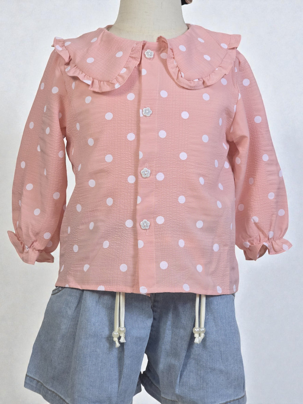 Polka Dot Button-Up Blouse with Frill Collar