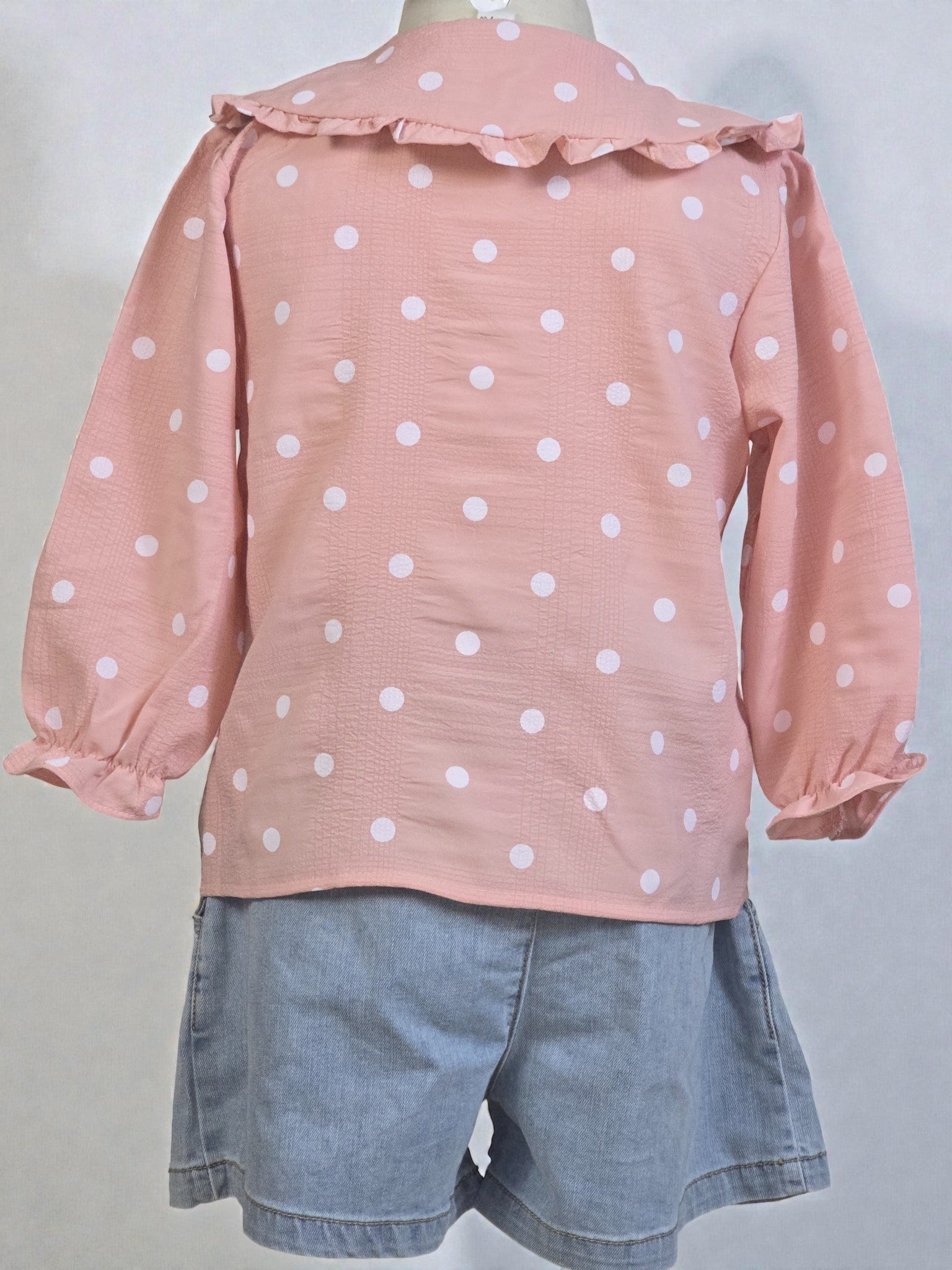 Polka Dot Button-Up Blouse with Frill Collar