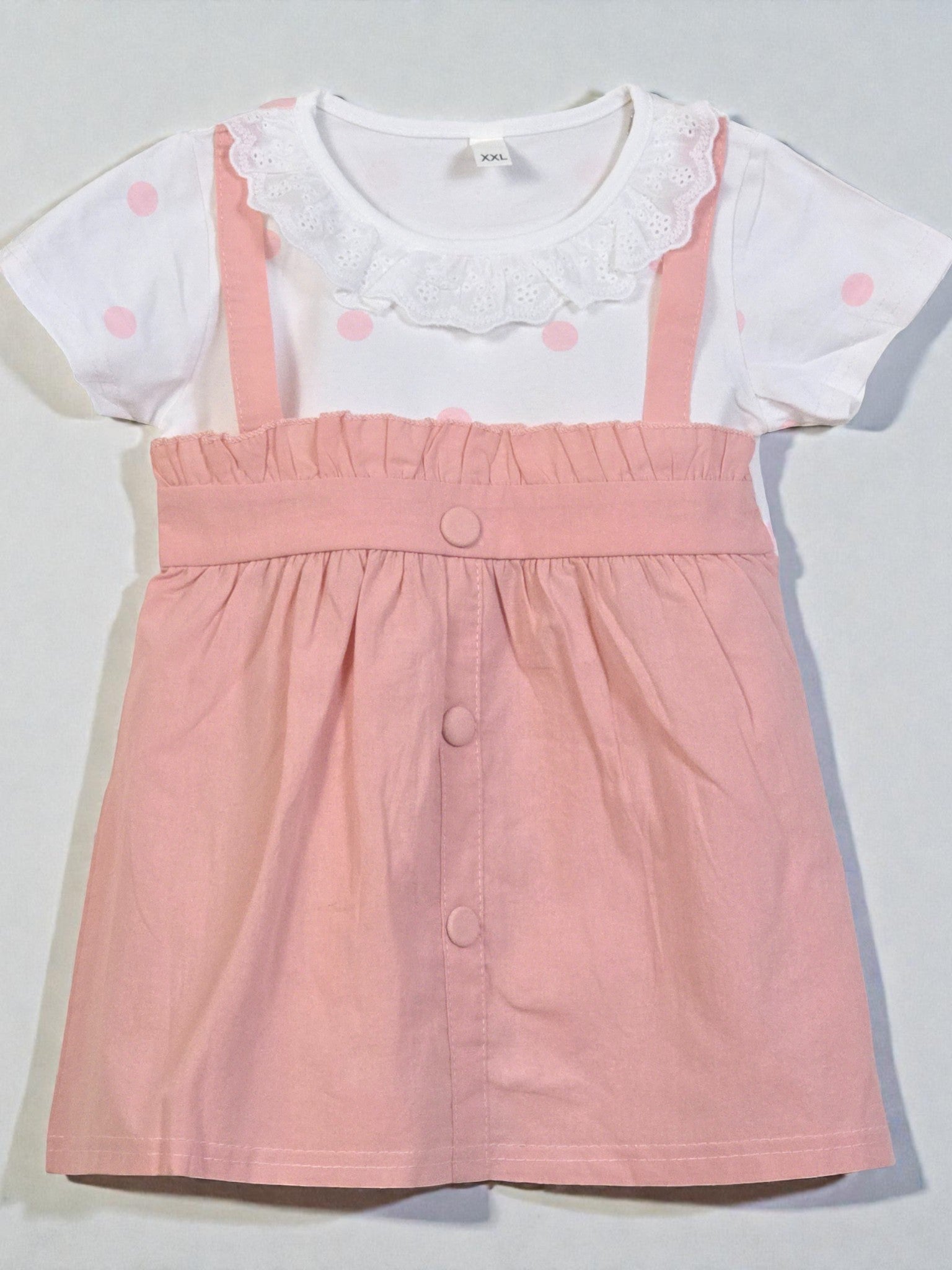 White shirt with pink polka dots and pink overall dress. Pink 9