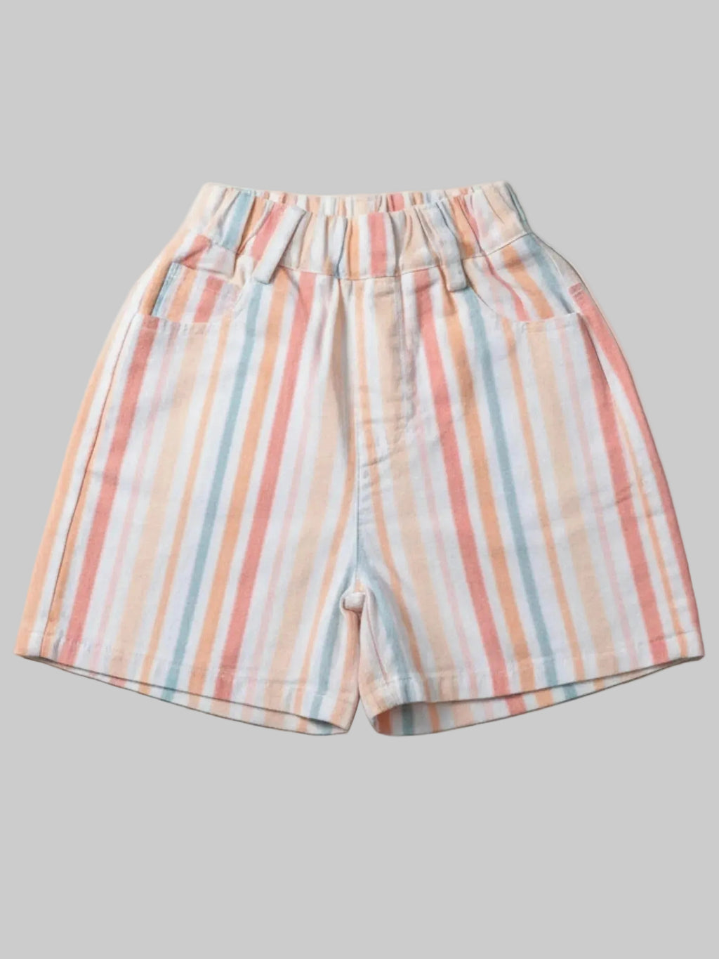 Kids casual shorts featuring a vertical pastel stripe pattern in orange and blue with a gathered elastic waistband on a neutral textured background.