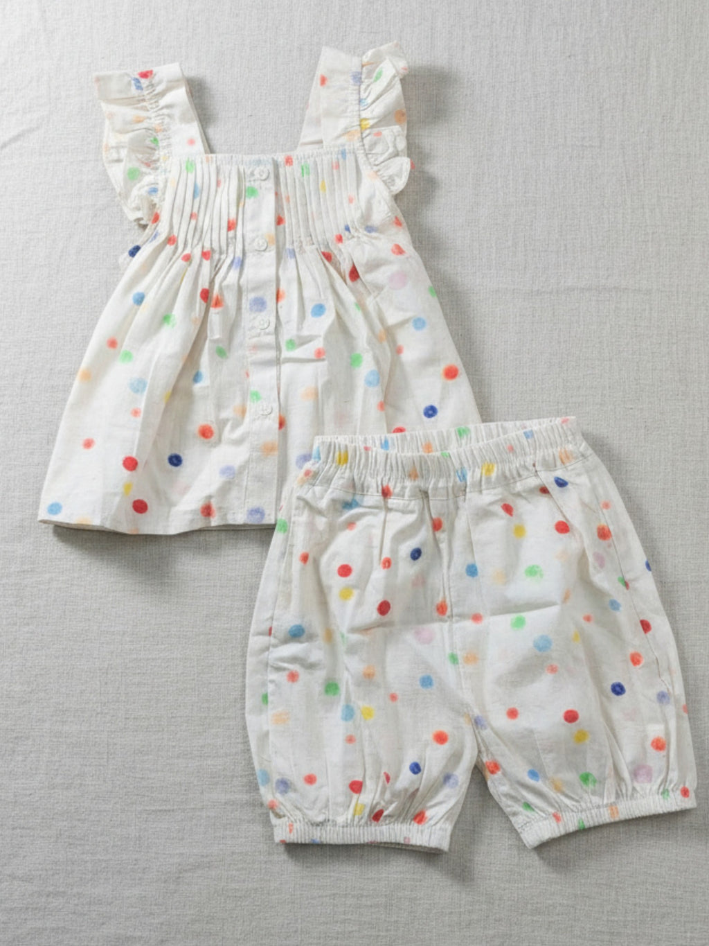 White confetti dot smocked top bloomer shorts set girls colorful print flutter sleeves comfortable children's clothing Australia summer