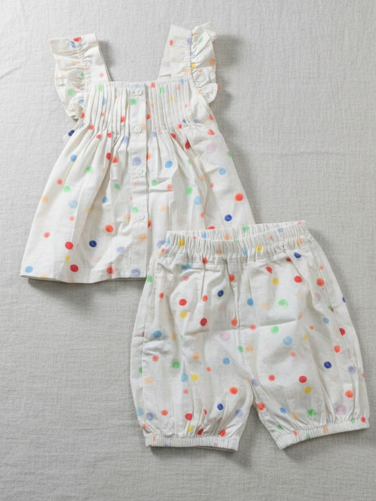 White confetti dot smocked top bloomer shorts set girls colorful print flutter sleeves comfortable children's clothing Australia summer