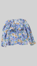 Children's blue floral print blouse featuring a ruffled yoke, long sleeves with gathered shoulders, and a button-up front.