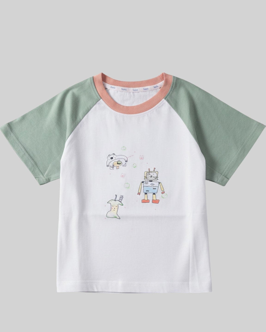 Half Moon Clothing sage green robot raglan tee, whimsical graphic design on durable breathable fabric for active Australian kids."
