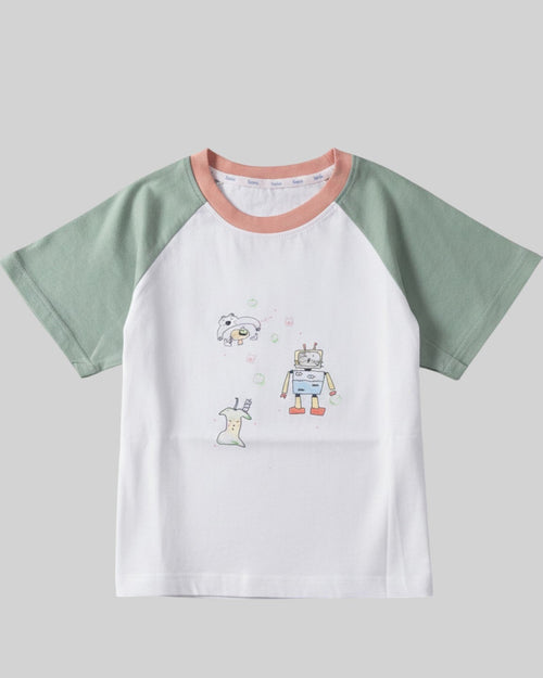 Half Moon Clothing sage green robot raglan tee, whimsical graphic design on durable breathable fabric for active Australian kids."
