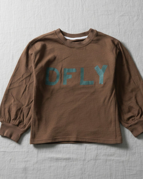 Children's chocolate brown long-sleeve t-shirt featuring a bold teal "DFLY" text graphic and comfortable gathered cuffs.
