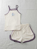 Kids cream camisole and shorts set with burgundy contrast trim and blue "Little Cat" graphic