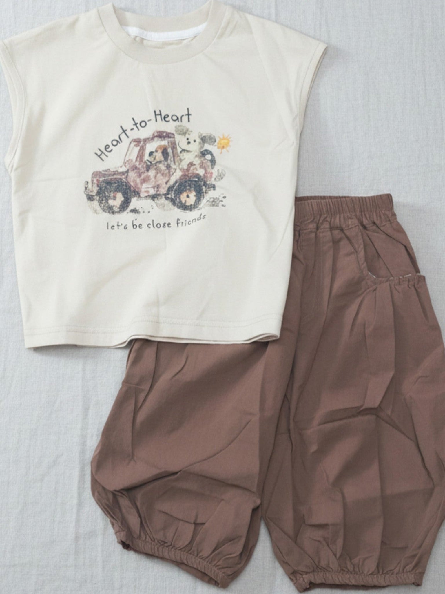 Cream graphic tee brown balloon pants set kids Heart-to-Heart animal friends print comfortable unisex children's clothing Australia