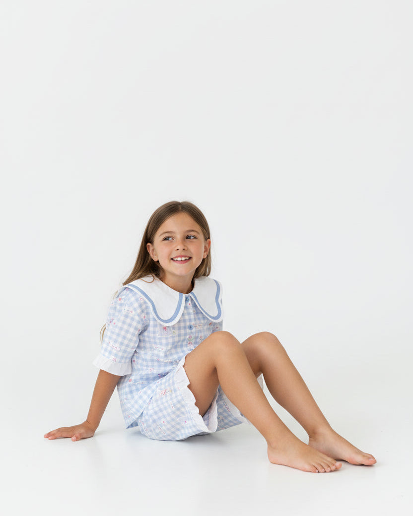 Sailor collar white piping detail blue gingham girls top vintage style quality children's clothing embroidery