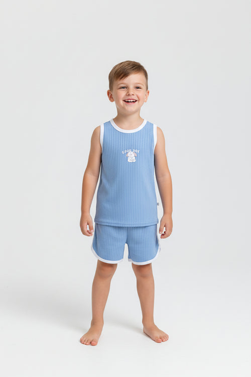 Kids wearing blue ribbed tank shorts set comfortable fit ages 2-10 quality children's clothing Australia