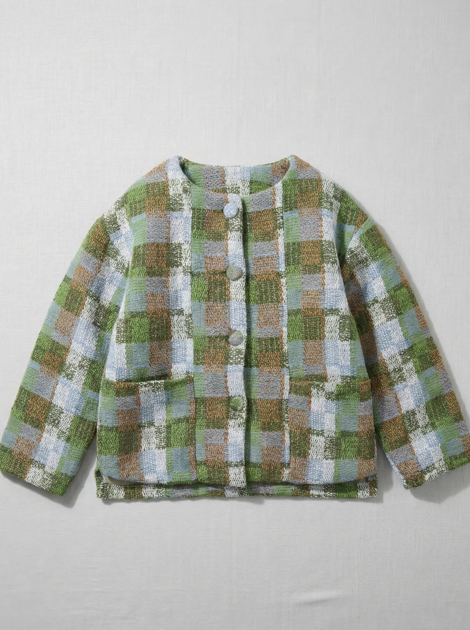 Half Moon Clothing kids' green and blue plaid textured jacket with front buttons and pockets, stylish and durable outerwear for practical wardrobes.