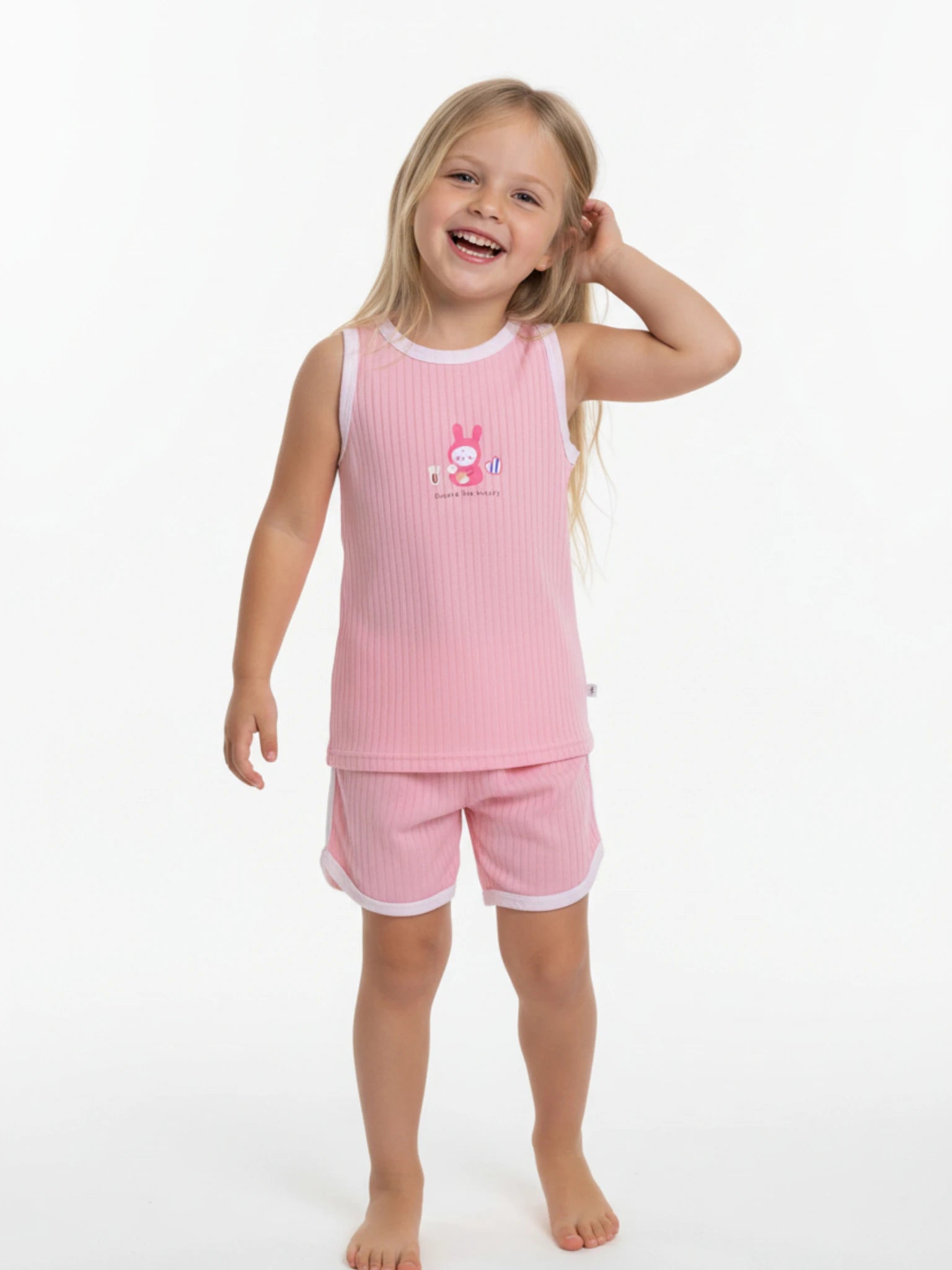 Pink bunny with camera "Record the beauty" detail on pink ribbed kids tank top.