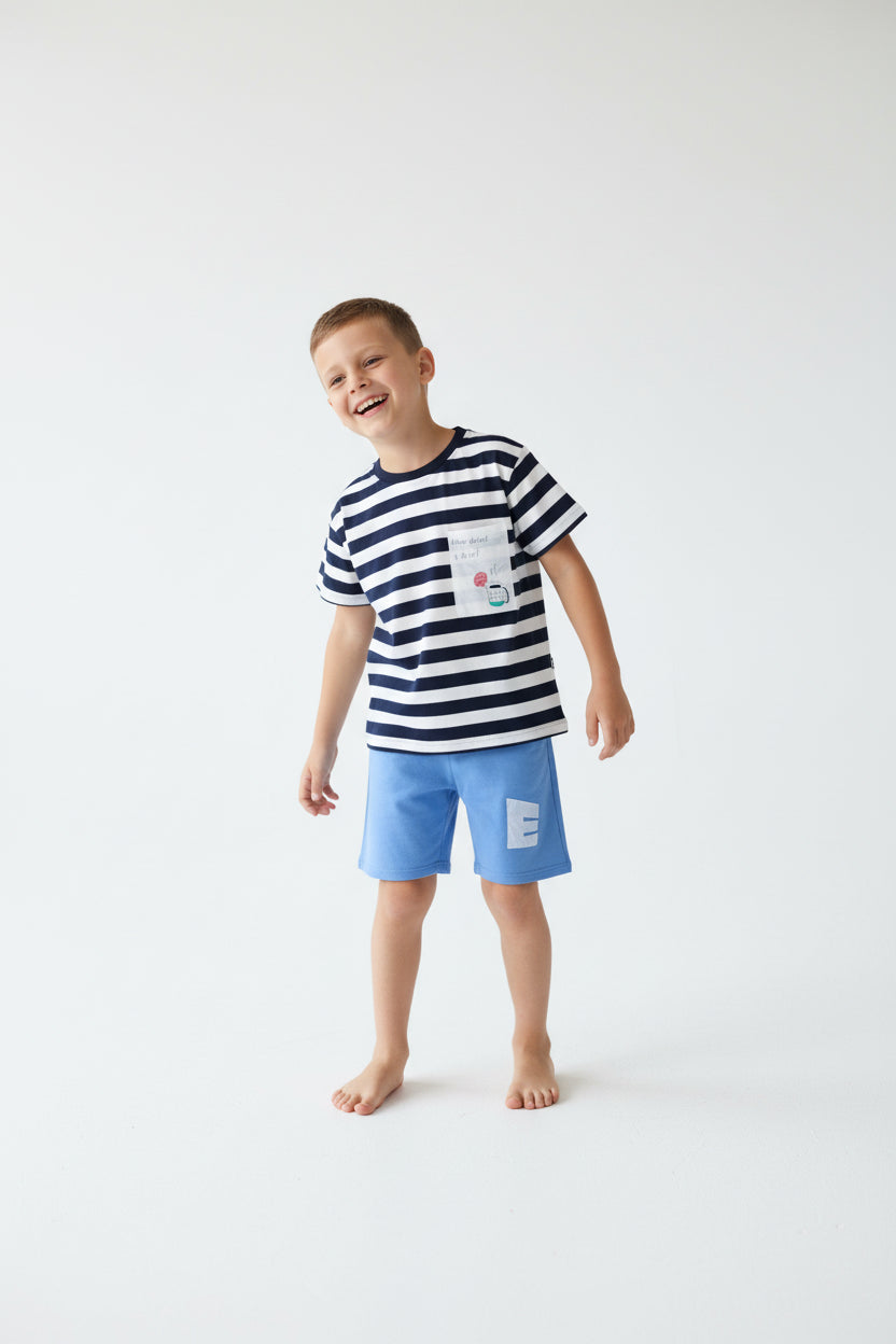 Boys casual summer set navy stripe tee blue shorts versatile kids clothing ages 2-10 Australia