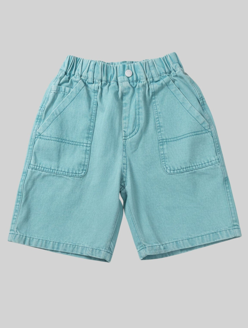 Kids turquoise twill casual shorts with an elasticated waistband and large front patch pockets displayed on a neutral grey background.