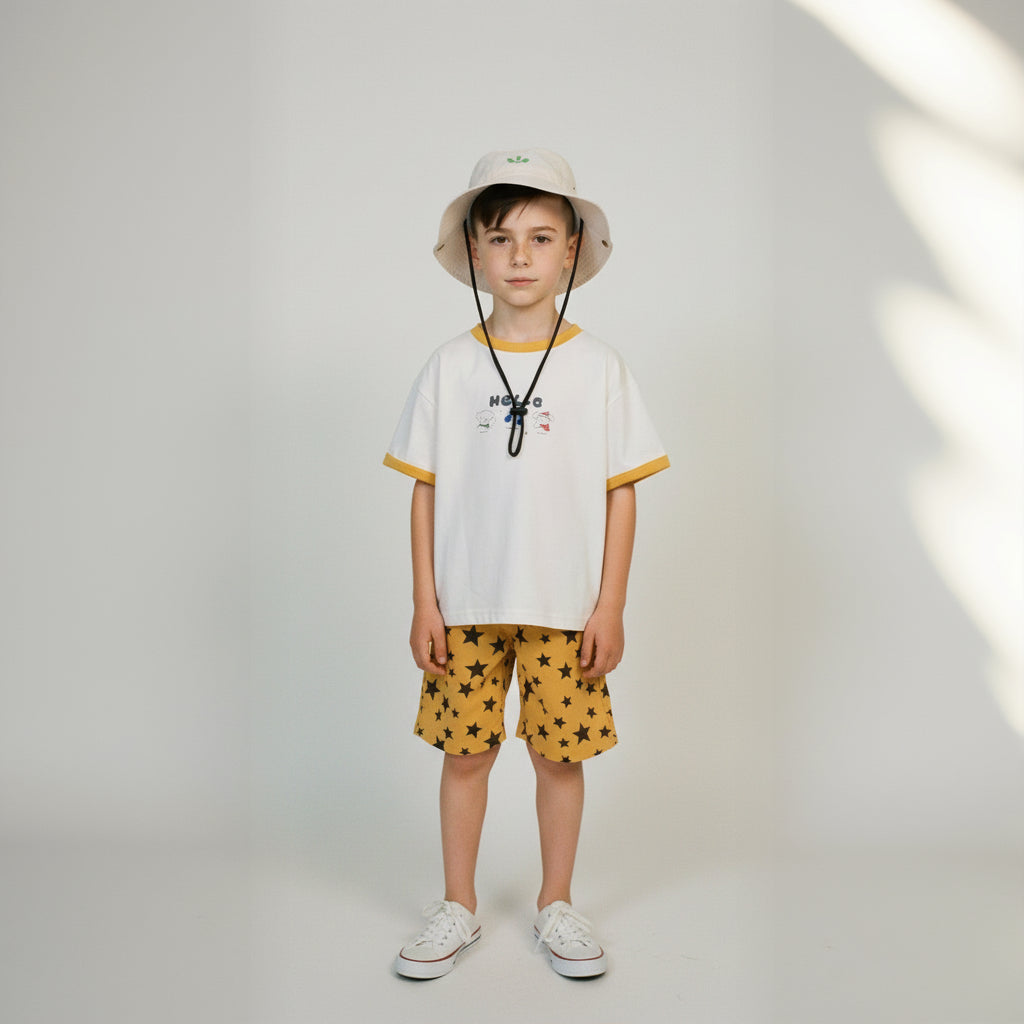 Child wearing a white t-shirt with yellow accents and star-patterned shorts