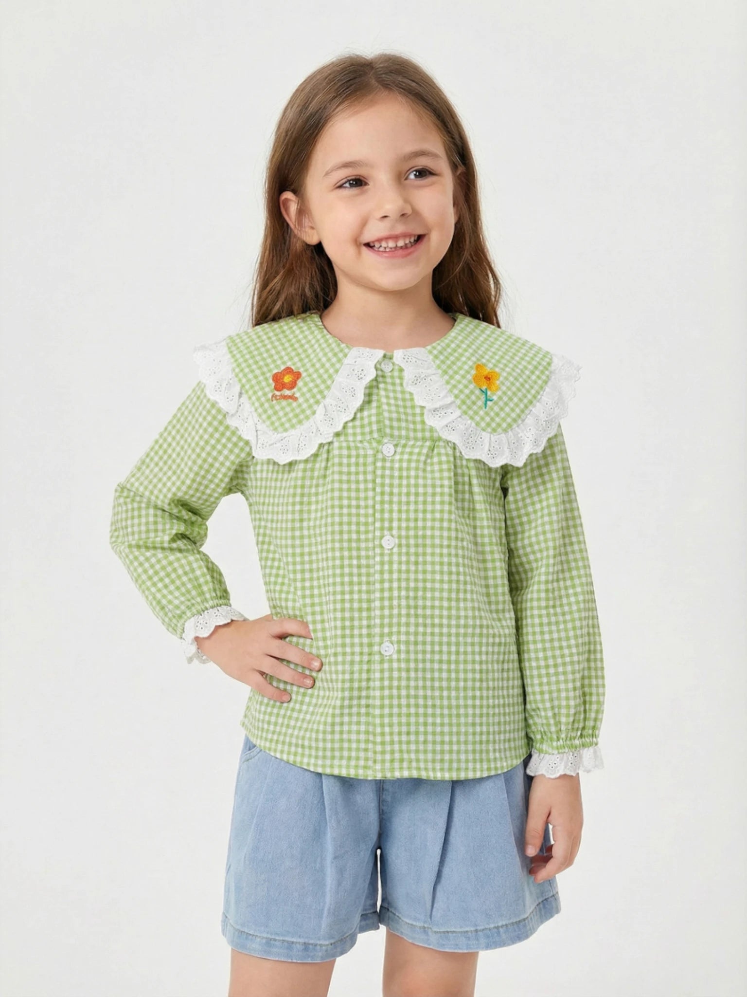 Green Gingham Long Sleeve Blouse with Lace Collar