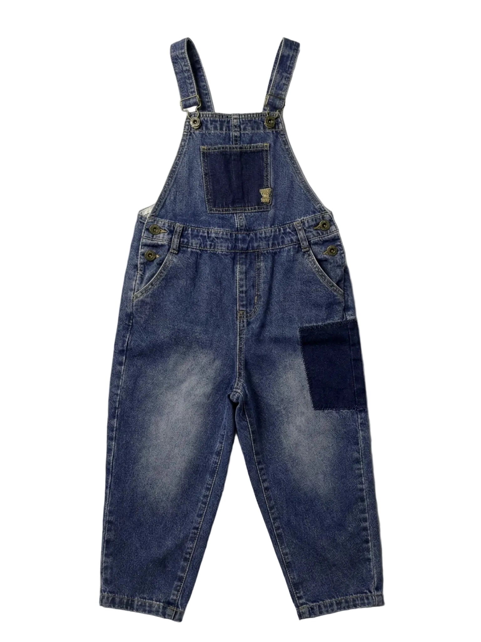 Half Moon Clothing kids' blue denim overalls with dark patch details and adjustable straps, durable and practical wear for active Australian play.