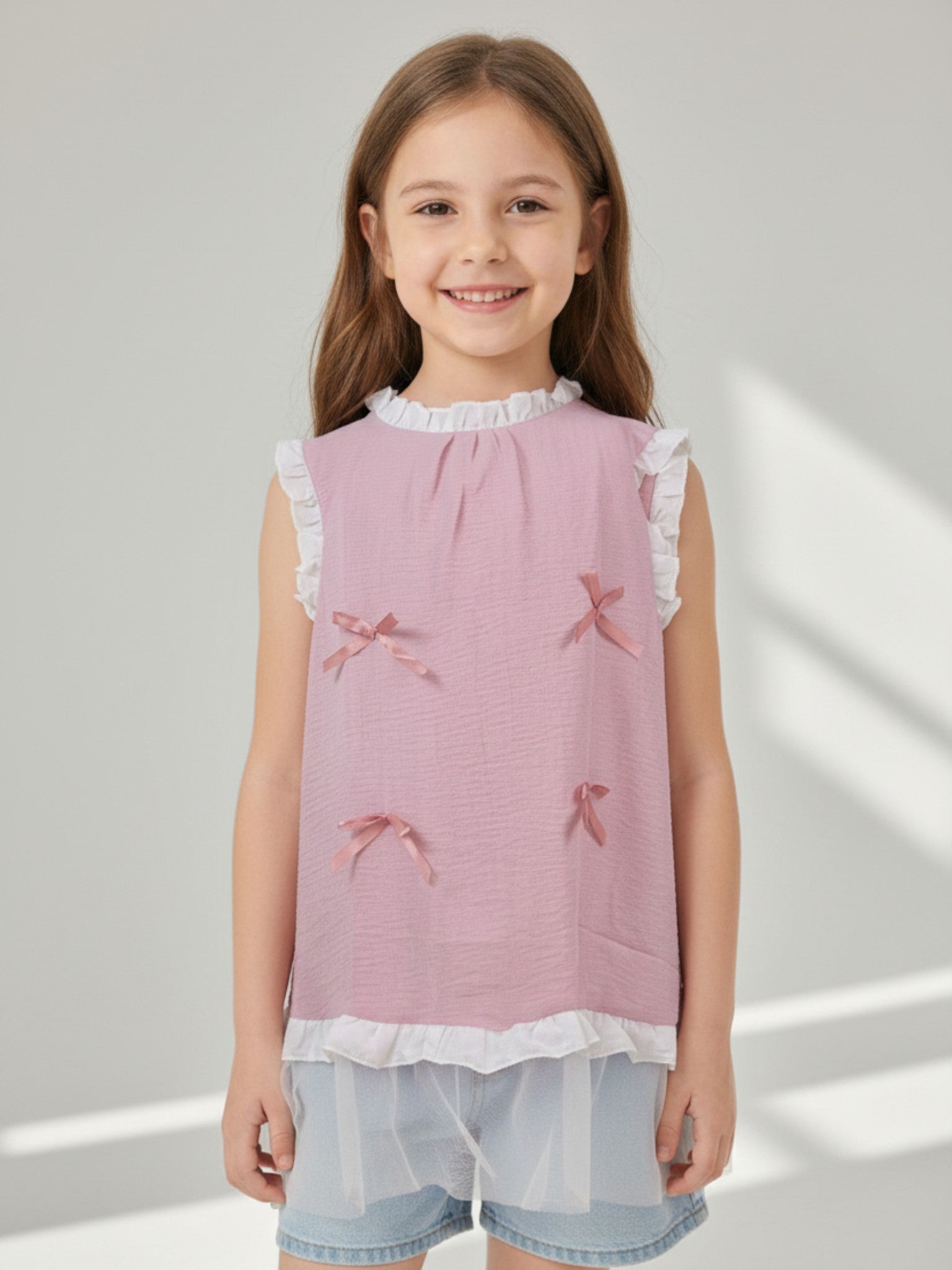 Sweet Pink Bow & Ruffle Layer Blouse