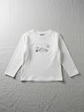 Half Moon Clothing kids' white long-sleeve t-shirt with a minimalist black coffee-themed graphic, comfortable and durable for year-round wear."