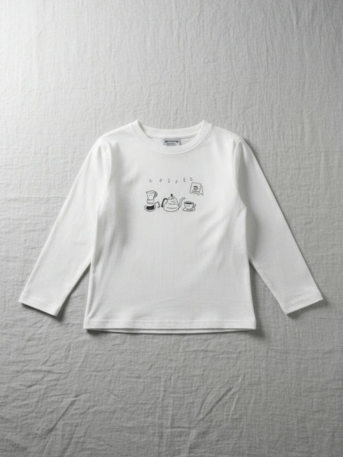 Half Moon Clothing kids' white long-sleeve t-shirt with a minimalist black coffee-themed graphic, comfortable and durable for year-round wear."
